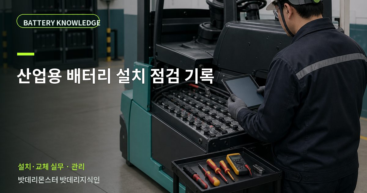 산업용 배터리 설치 점검 기록의 확인 항목을 설명하는 산업용 배터리 교육 이미지