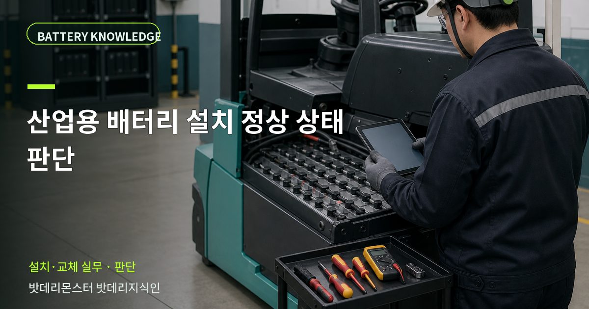 산업용 배터리 설치 정상 상태 판단의 확인 항목을 설명하는 산업용 배터리 교육 이미지