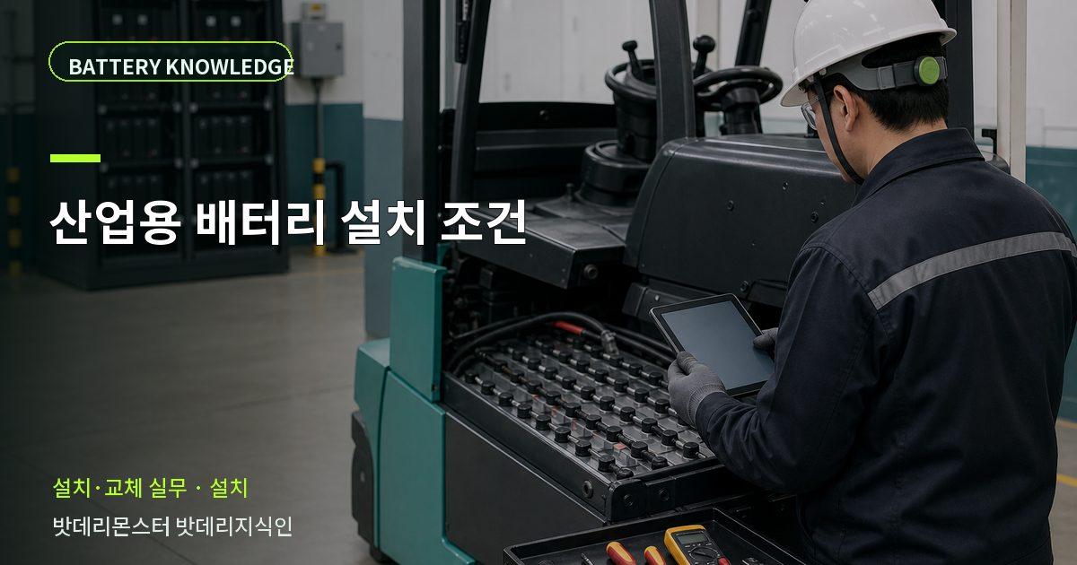 산업용 배터리 설치 조건의 확인 항목을 설명하는 산업용 배터리 교육 이미지