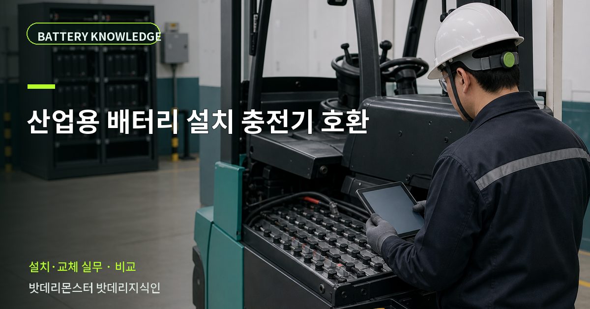 산업용 배터리 설치 충전기 호환의 확인 항목을 설명하는 산업용 배터리 교육 이미지