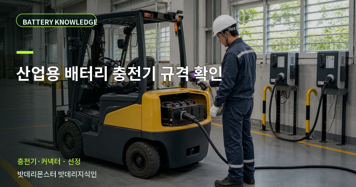 산업용 배터리 충전기 규격 확인의 확인 항목을 설명하는 산업용 배터리 교육 이미지