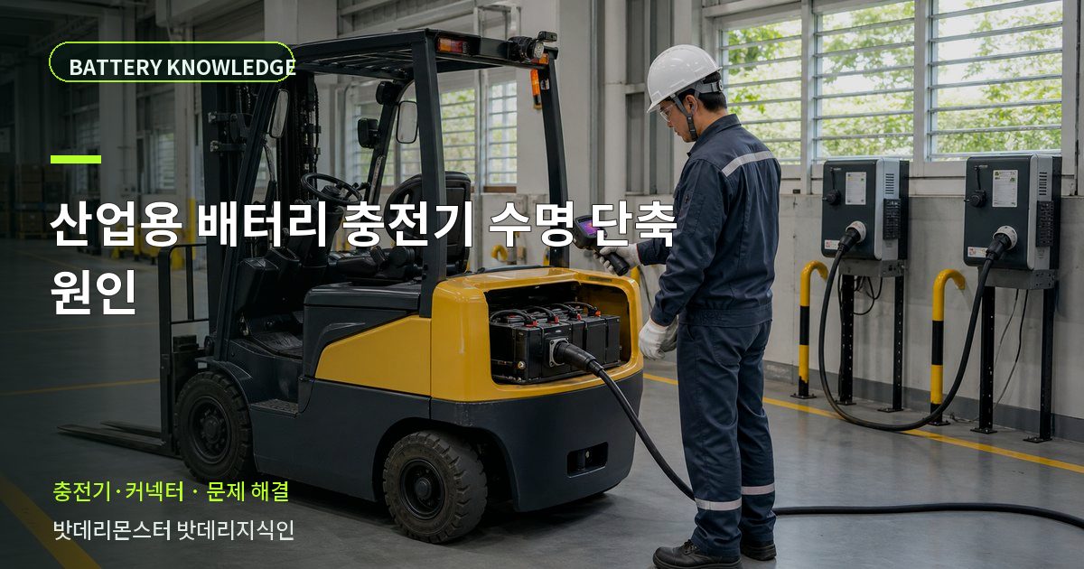 산업용 배터리 충전기 수명 단축 원인의 확인 항목을 설명하는 산업용 배터리 교육 이미지