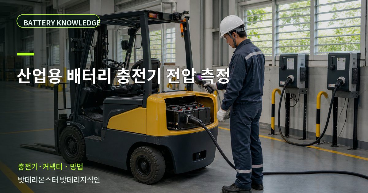 산업용 배터리 충전기 전압 측정의 확인 항목을 설명하는 산업용 배터리 교육 이미지