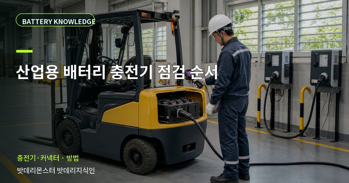 산업용 배터리 충전기 점검 순서의 확인 항목을 설명하는 산업용 배터리 교육 이미지