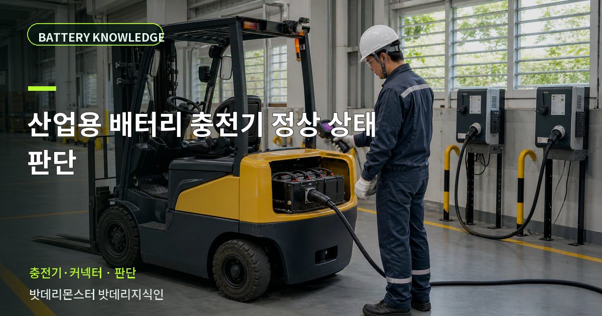 산업용 배터리 충전기 정상 상태 판단의 확인 항목을 설명하는 산업용 배터리 교육 이미지