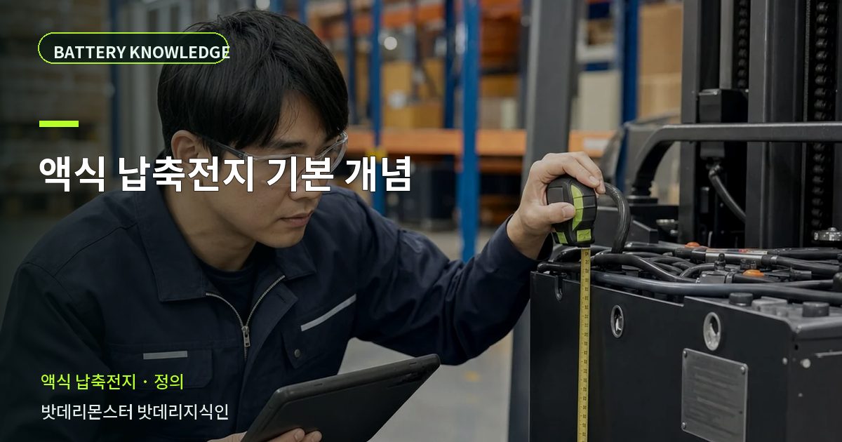 액식 납축전지 기본 개념의 확인 항목을 설명하는 산업용 배터리 교육 이미지