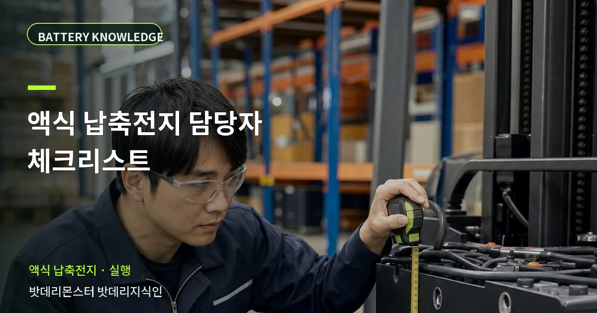 액식 납축전지 담당자 체크리스트의 확인 항목을 설명하는 산업용 배터리 교육 이미지