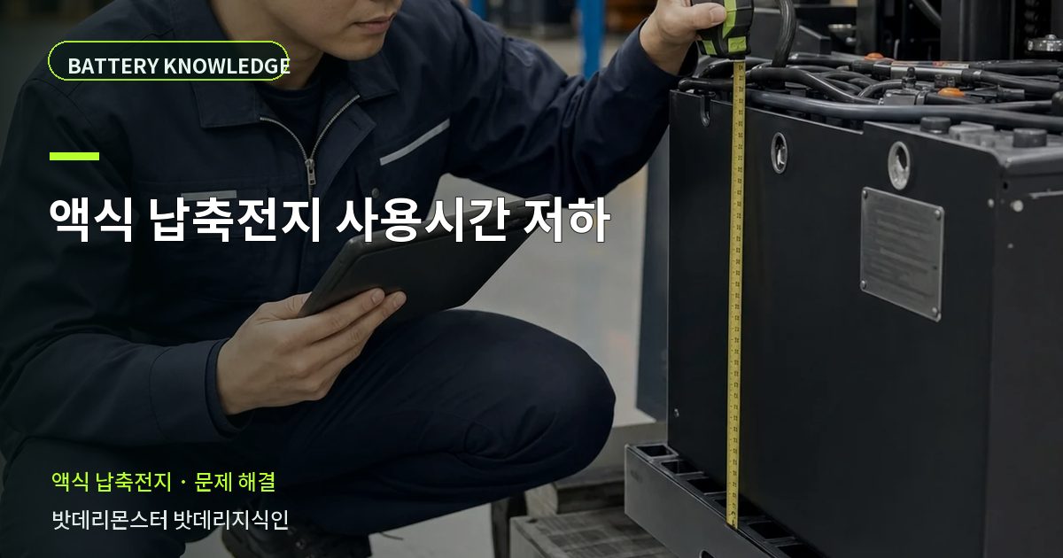 액식 납축전지 사용시간 저하의 확인 항목을 설명하는 산업용 배터리 교육 이미지