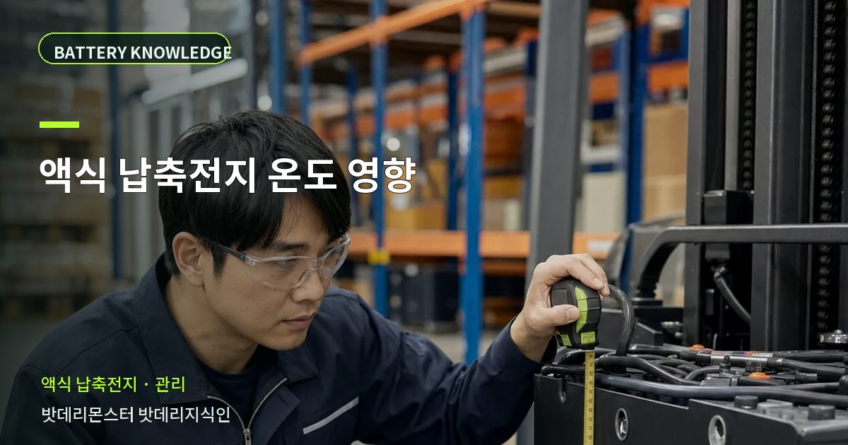 액식 납축전지 온도 영향의 확인 항목을 설명하는 산업용 배터리 교육 이미지