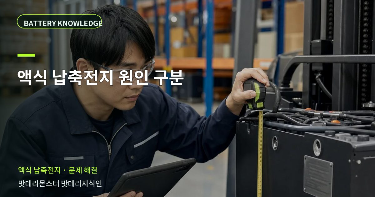 액식 납축전지 원인 구분의 확인 항목을 설명하는 산업용 배터리 교육 이미지