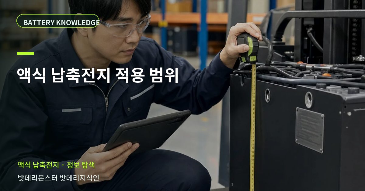 액식 납축전지 적용 범위의 확인 항목을 설명하는 산업용 배터리 교육 이미지