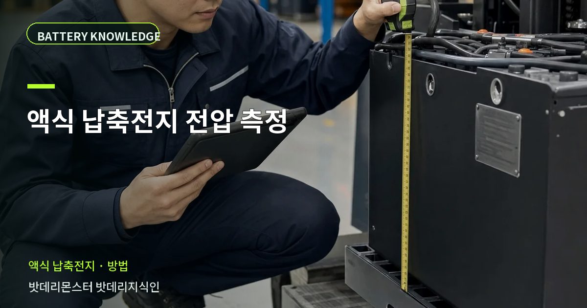 액식 납축전지 전압 측정의 확인 항목을 설명하는 산업용 배터리 교육 이미지