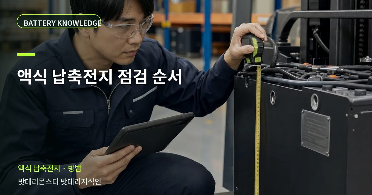 액식 납축전지 점검 순서의 확인 항목을 설명하는 산업용 배터리 교육 이미지