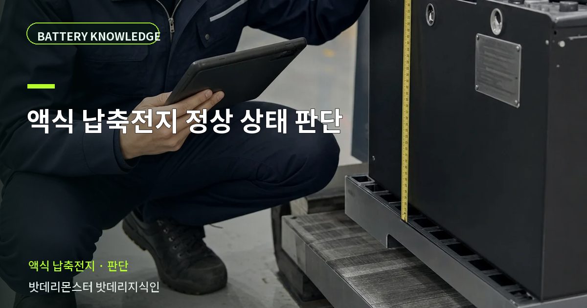 액식 납축전지 정상 상태 판단의 확인 항목을 설명하는 산업용 배터리 교육 이미지