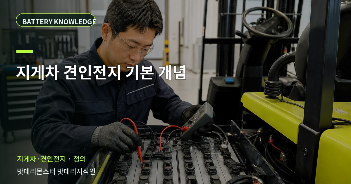 지게차 견인전지 기본 개념의 확인 항목을 설명하는 산업용 배터리 교육 이미지