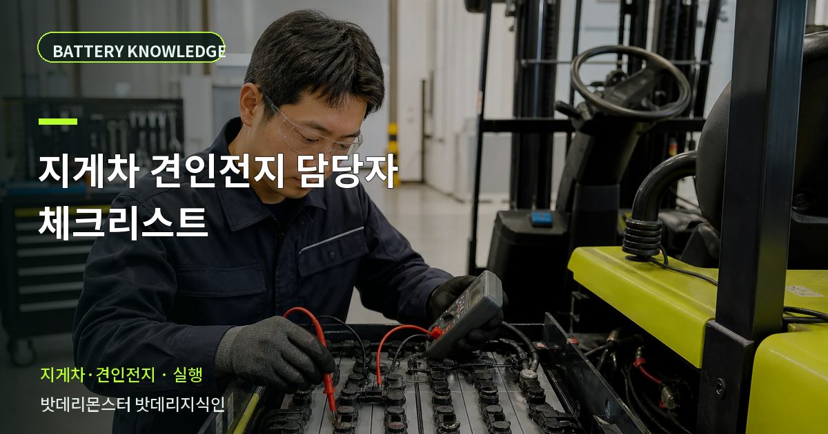 지게차 견인전지 담당자 체크리스트의 확인 항목을 설명하는 산업용 배터리 교육 이미지