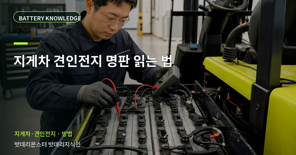 지게차 견인전지 명판 읽는 법의 확인 항목을 설명하는 산업용 배터리 교육 이미지