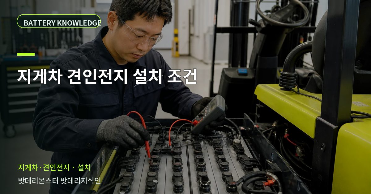 지게차 견인전지 설치 조건의 확인 항목을 설명하는 산업용 배터리 교육 이미지