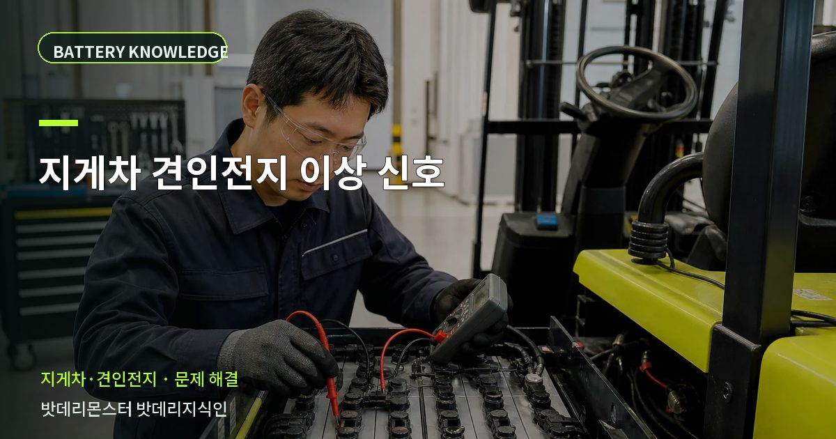 지게차 견인전지 이상 신호의 확인 항목을 설명하는 산업용 배터리 교육 이미지