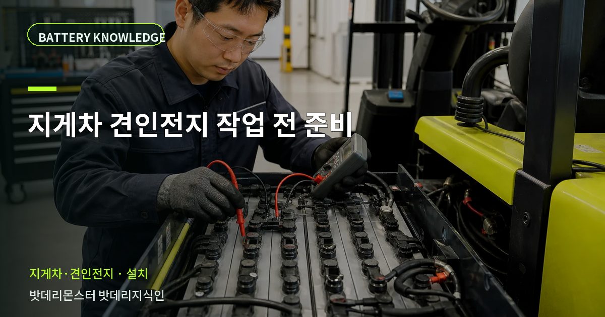 지게차 견인전지 작업 전 준비의 확인 항목을 설명하는 산업용 배터리 교육 이미지