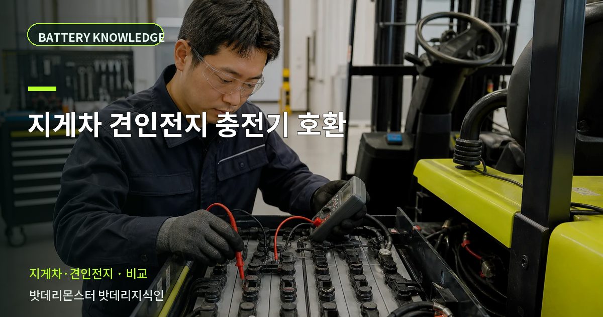 지게차 견인전지 충전기 호환의 확인 항목을 설명하는 산업용 배터리 교육 이미지