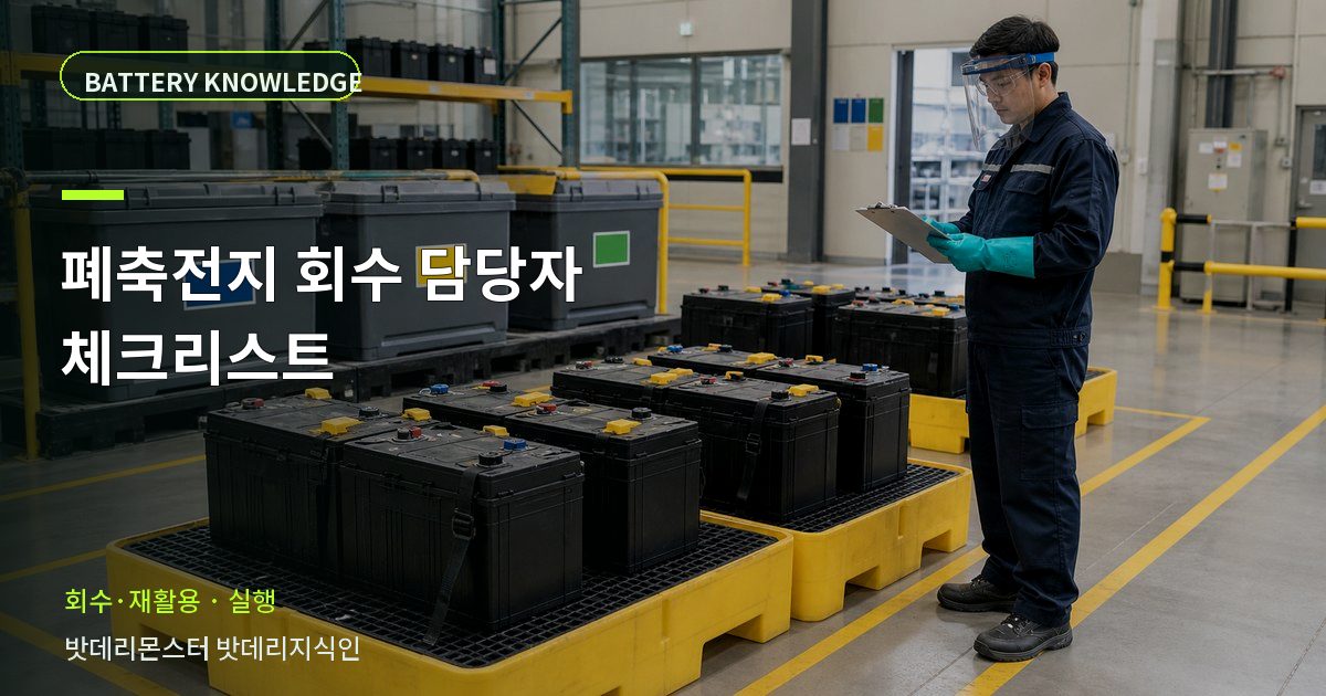 폐축전지 회수 담당자 체크리스트의 확인 항목을 설명하는 산업용 배터리 교육 이미지