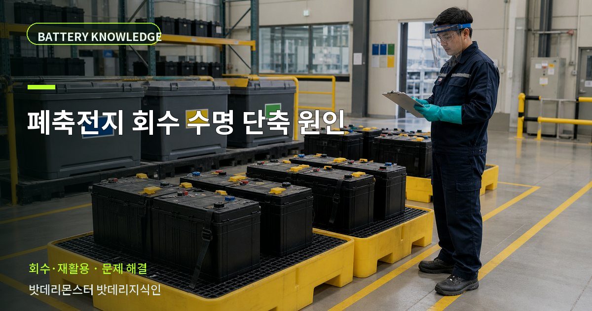 폐축전지 회수 수명 단축 원인의 확인 항목을 설명하는 산업용 배터리 교육 이미지