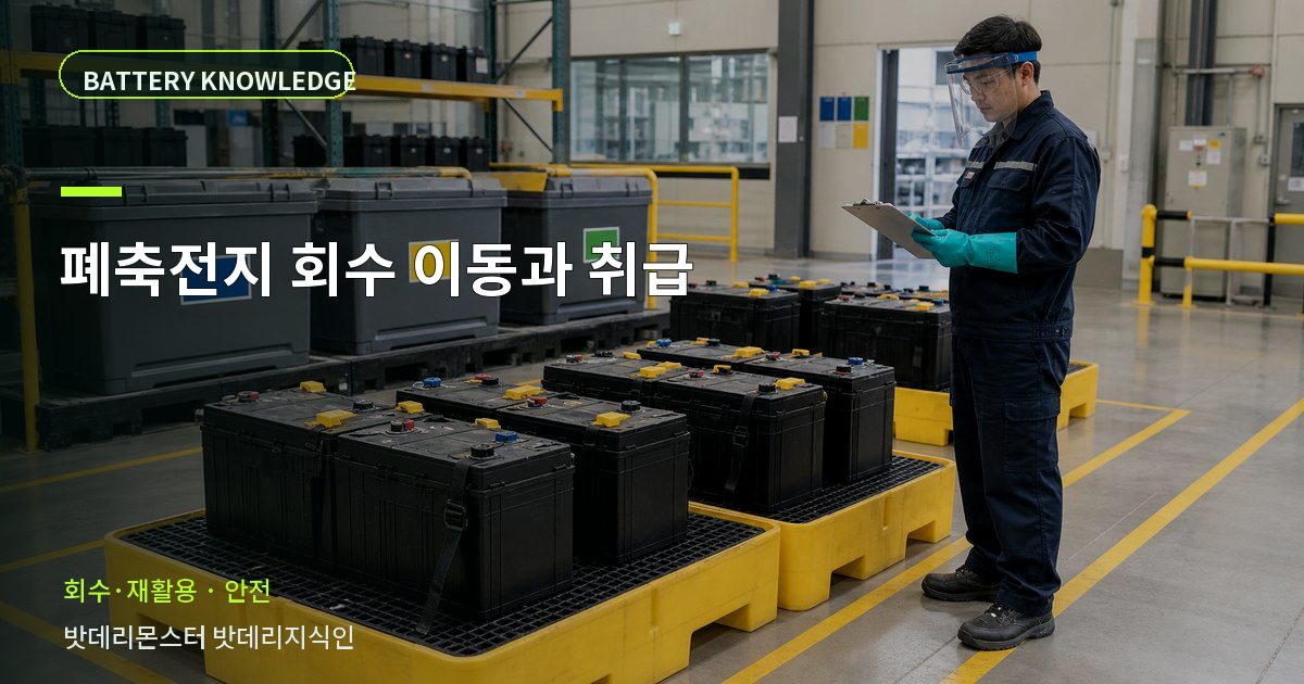 폐축전지 회수 이동과 취급의 확인 항목을 설명하는 산업용 배터리 교육 이미지